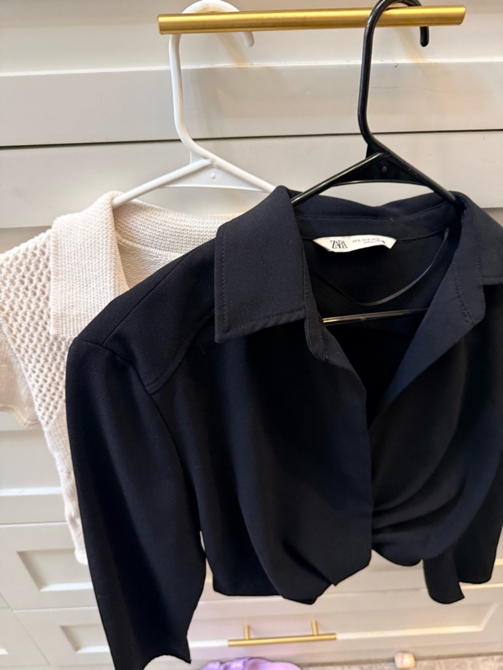 2 for $20 Zara Black Cropped Twist-Front Collared Top and Zara beige cropped top